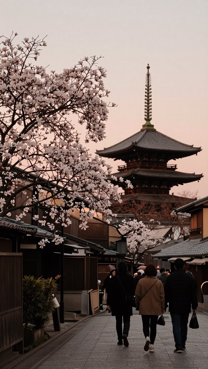 Kyoto Japan Street Scene Copper Toned Light Before Dusk with Magnolia Tree in in Kyoto, Japan