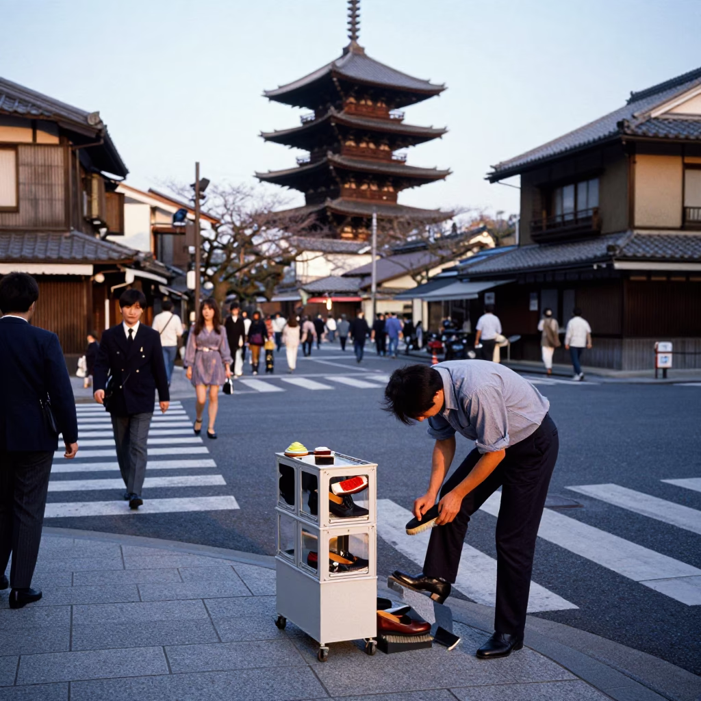 Kyoto Japan street scene early afternoon with shoe brush and local life in in Kyoto, Japan