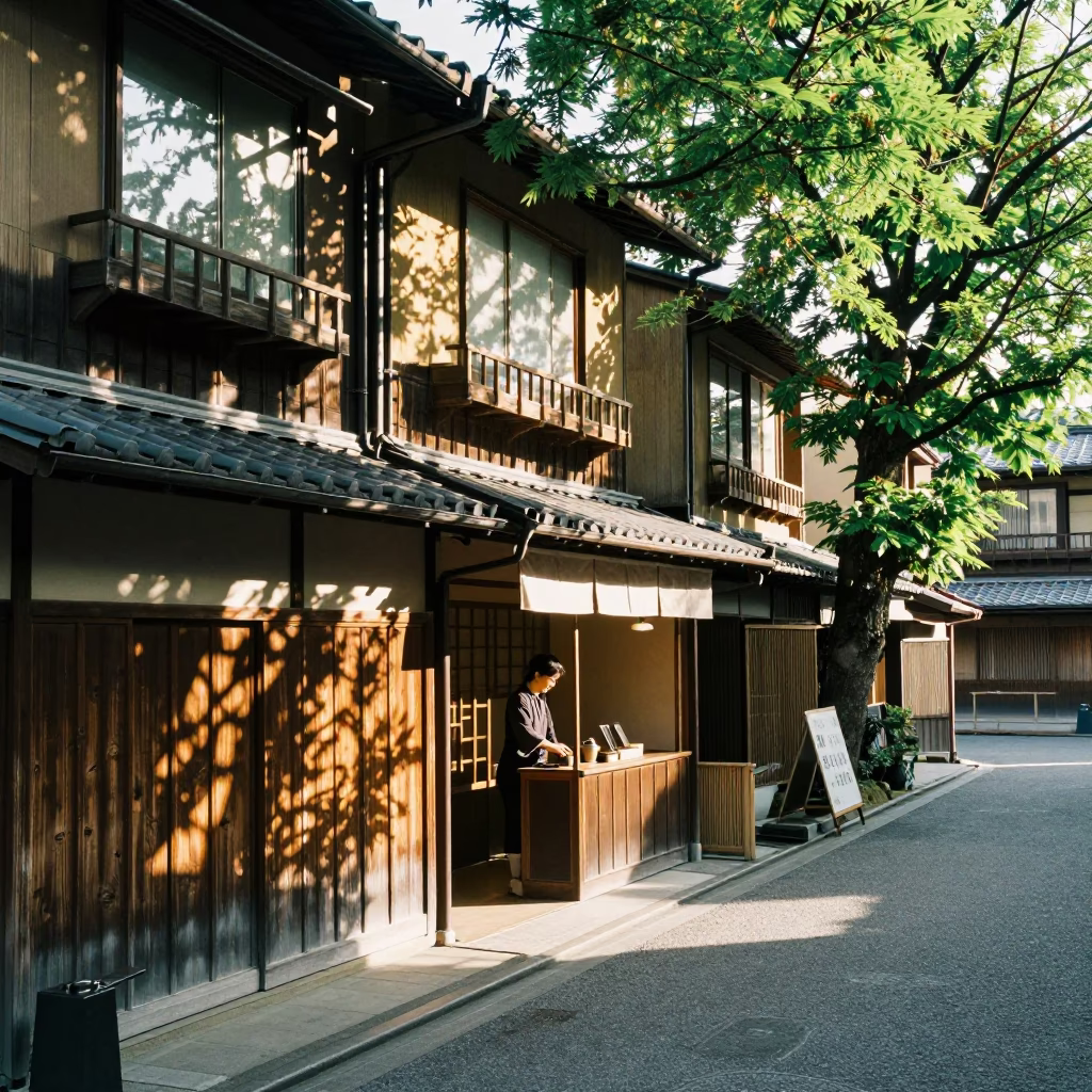 Kyoto Japan street scene early afternoon with traditional tea infuser spoon in wooden box in in Kyoto, Japan