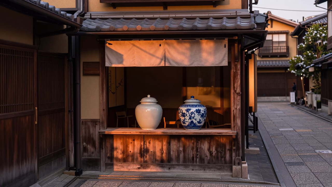 Kyoto Japan Street Scene in Copper Dusk Light with Porcelain Jars and Traditional Architecture in in Kyoto, Japan