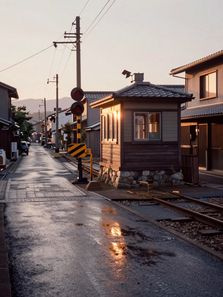 Kyoto Japan Street Scene Just After Sunrise with Railway Signal Cabin and Stone Architecture in in Kyoto, Japan