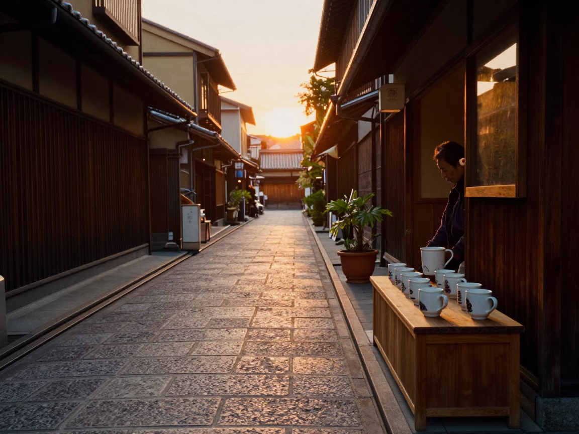 Kyoto Japan street scene with ceramic mugs and plant pot during sunset in in Kyoto, Japan