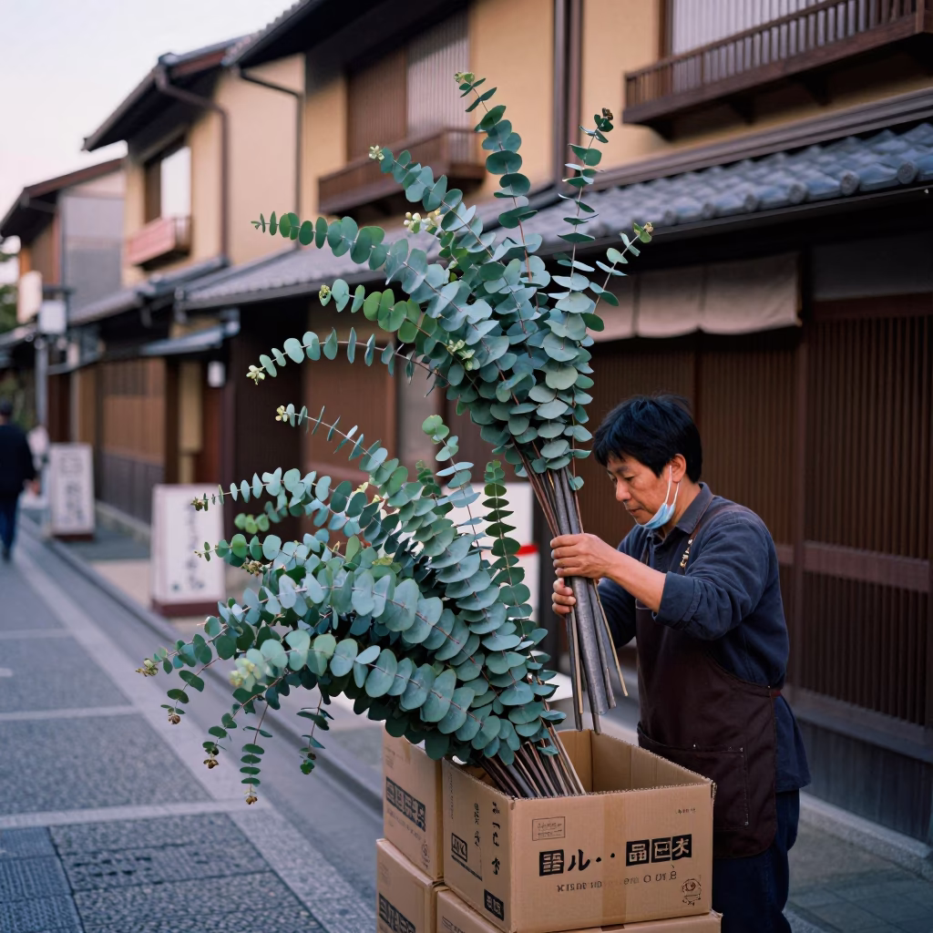 Kyoto Japan street scene with eucalyptus branches and traditional architecture in copper dusk light in in Kyoto, Japan