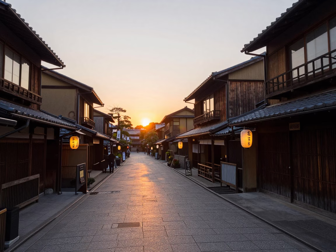 Kyoto Japan Street Scene with Traditional Lanterns and Sunset Light in in Kyoto, Japan