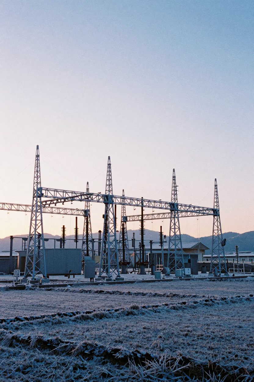 Kyoto Japan Sunrise Transmission Substation in Hoarfrost Before Dawn 1960s Realistic Photograph in in Kyoto, Japan