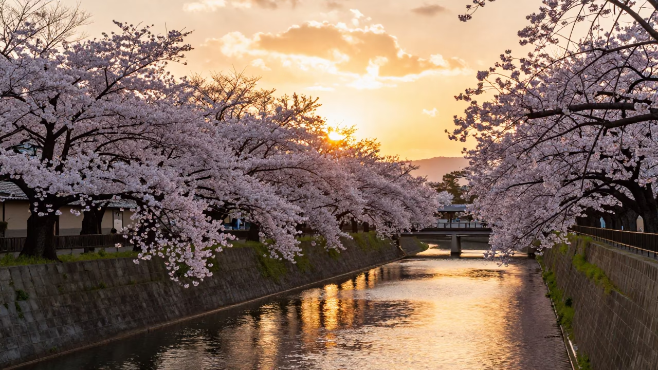 Kyoto Japan Sunset Street Scene with Cherry Trees and Canal Reflections in in Kyoto, Japan