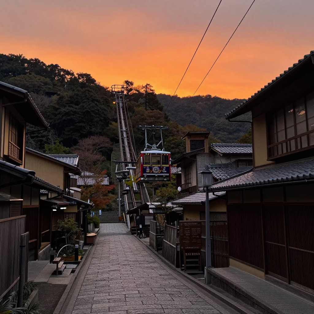 Kyoto Japan Sunset Street Scene with Funicular Climbing Steep Hill and Garden Rake in in Kyoto, Japan
