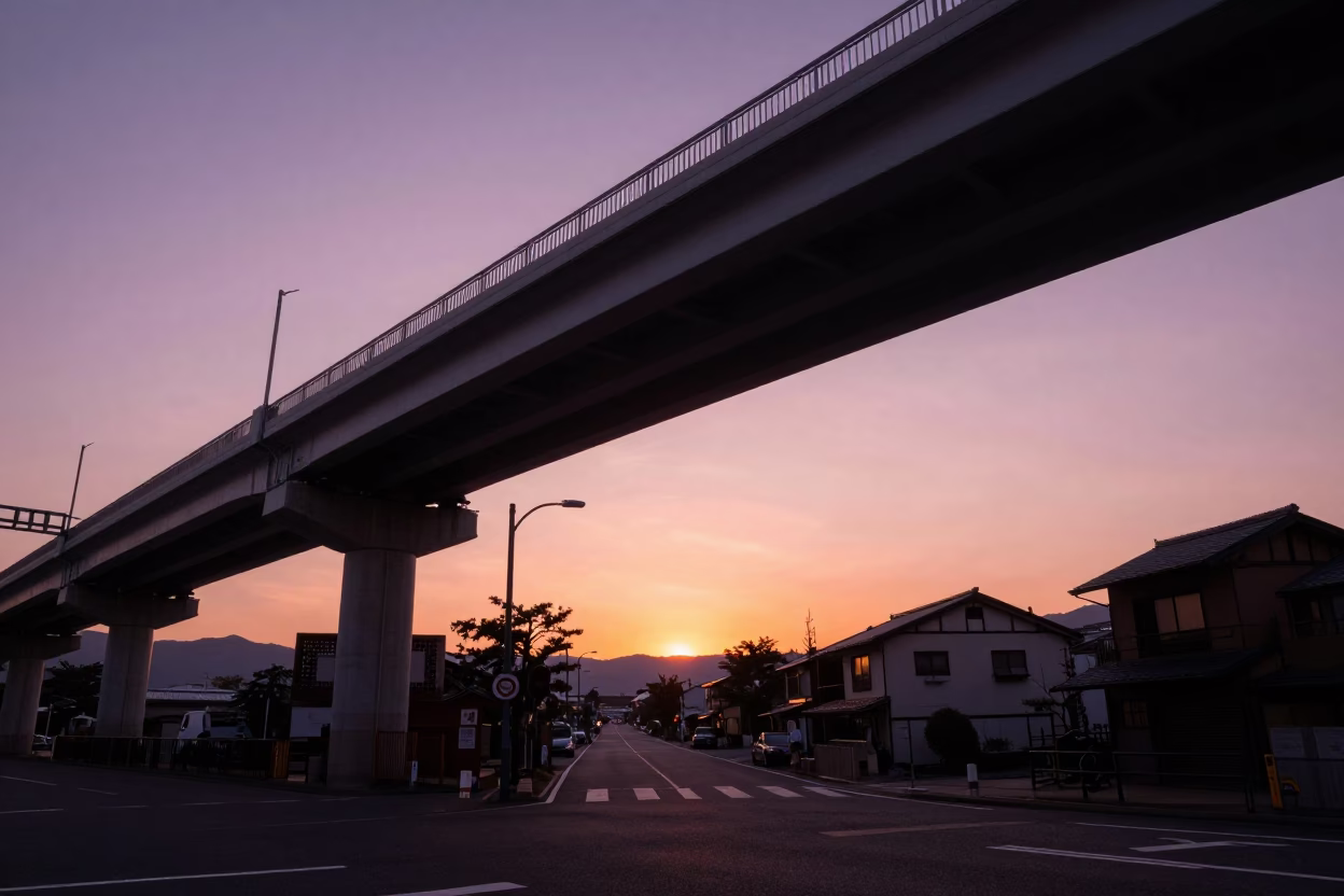 Kyoto Japan Sunset Street Scene with Highway Flyover and Local Vendor in in Kyoto, Japan