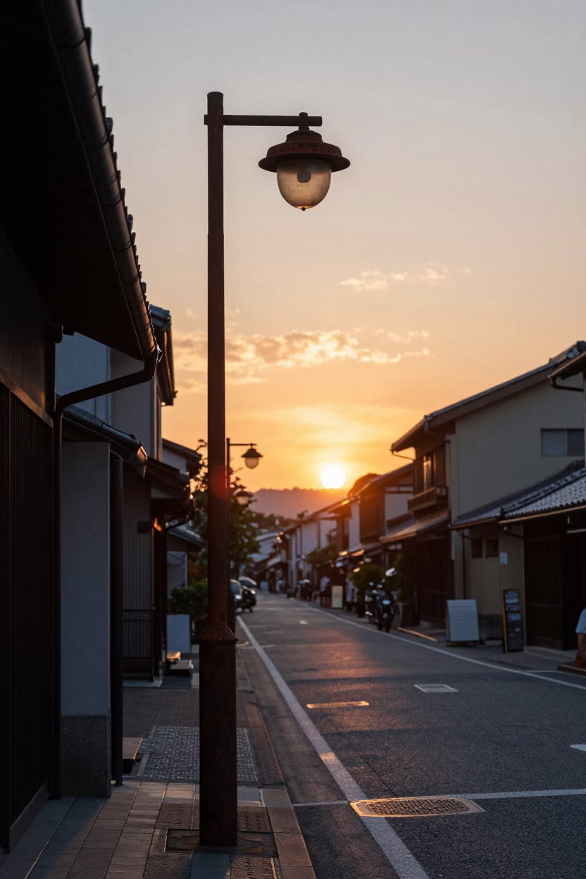 Kyoto Japan Sunset Street Scene with Rusty Lamp and Enamel Pitcher in in Kyoto, Japan