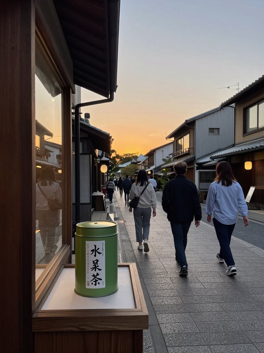 Kyoto Japan Sunset Street Scene with Tea Canister and Shirt Hanger in in Kyoto, Japan