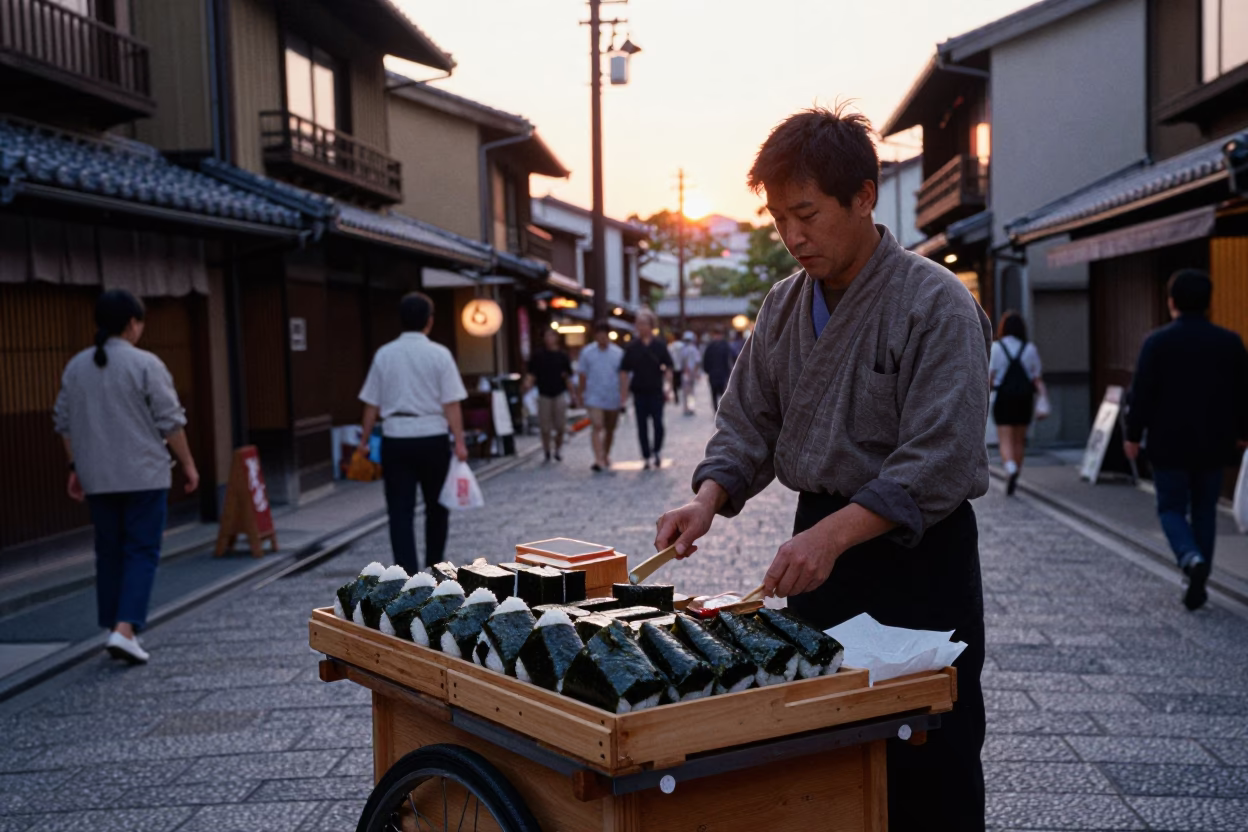 Kyoto Japan Sunset Street Scene with Traditional Onigiri Vendor and Evening Pedestrians in in Kyoto, Japan