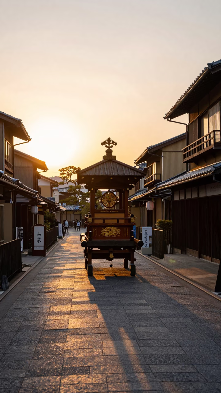 Kyoto Japan Sunset Street Scene with Traditional Processional Float and Busy Crowd in in Kyoto, Japan