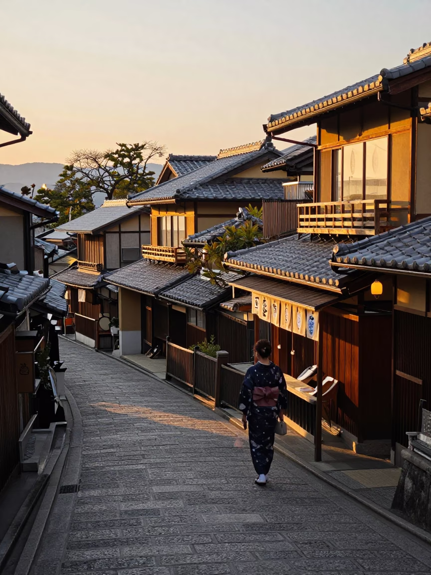 Kyoto Japan Sunset Street Scene with Traditional Tea Stains and Urban Life in in Kyoto, Japan