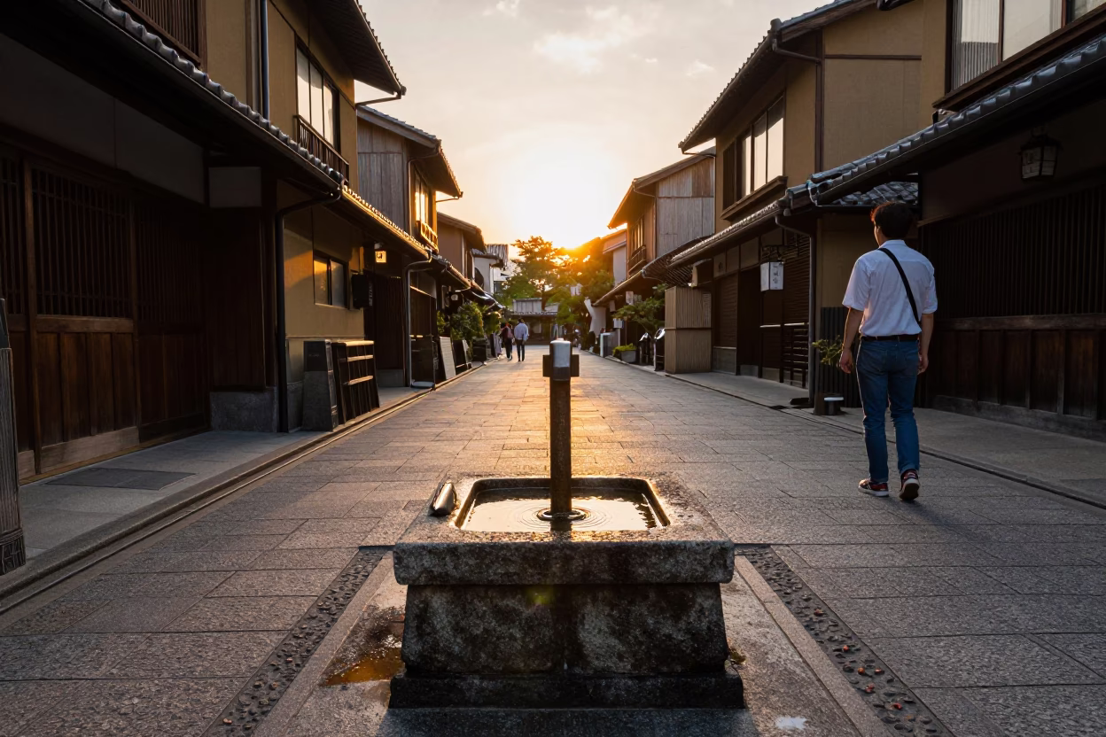 Kyoto Japan Sunset Street Scene with Traditional Wash Basin and Local Pedestrians in in Kyoto, Japan