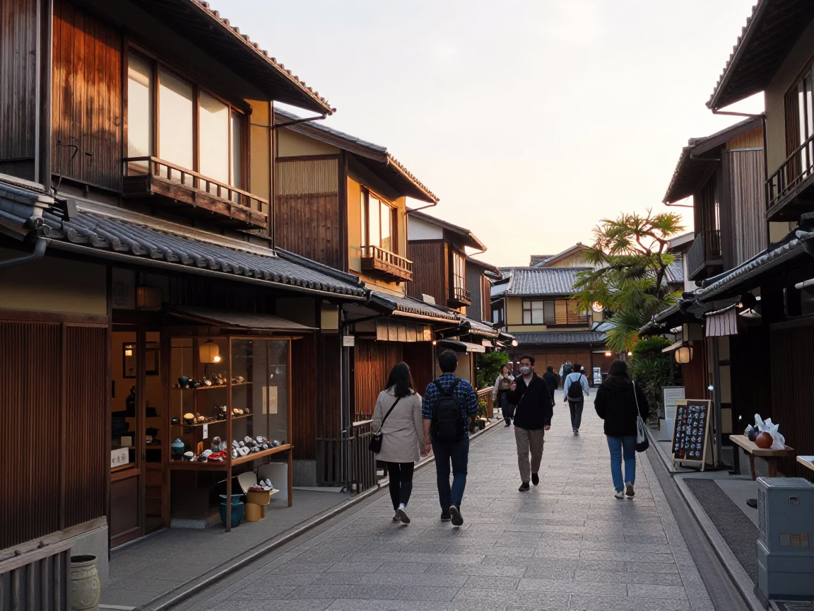Kyoto Japan Sunset Street Scene with Traditional Wooden Architecture and Pedestrians in in Kyoto, Japan