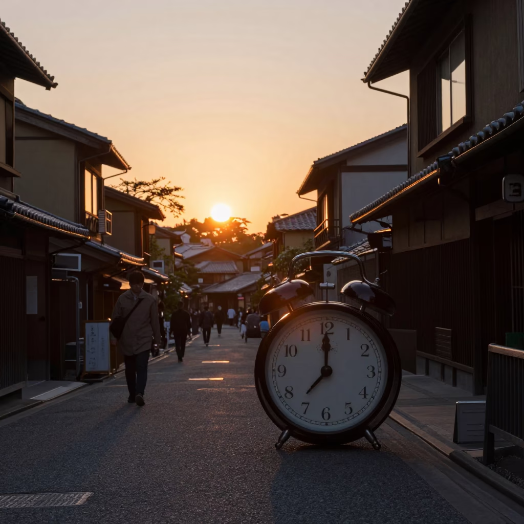Kyoto Japan Sunset Street Scene with Vintage Alarm Clock and Local Life in in Kyoto, Japan