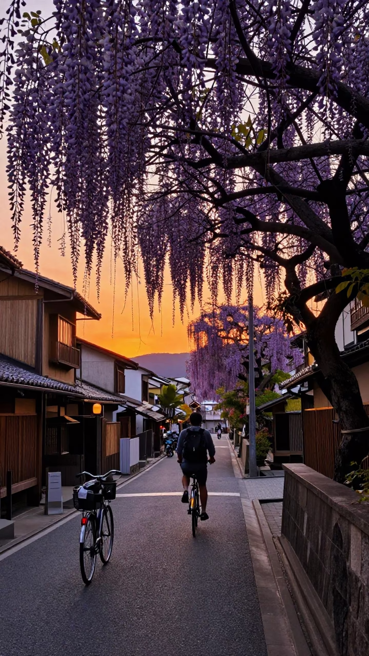 Kyoto Japan Sunset Street Scene with Vintage Bicycle and Coffee Tin in in Kyoto, Japan