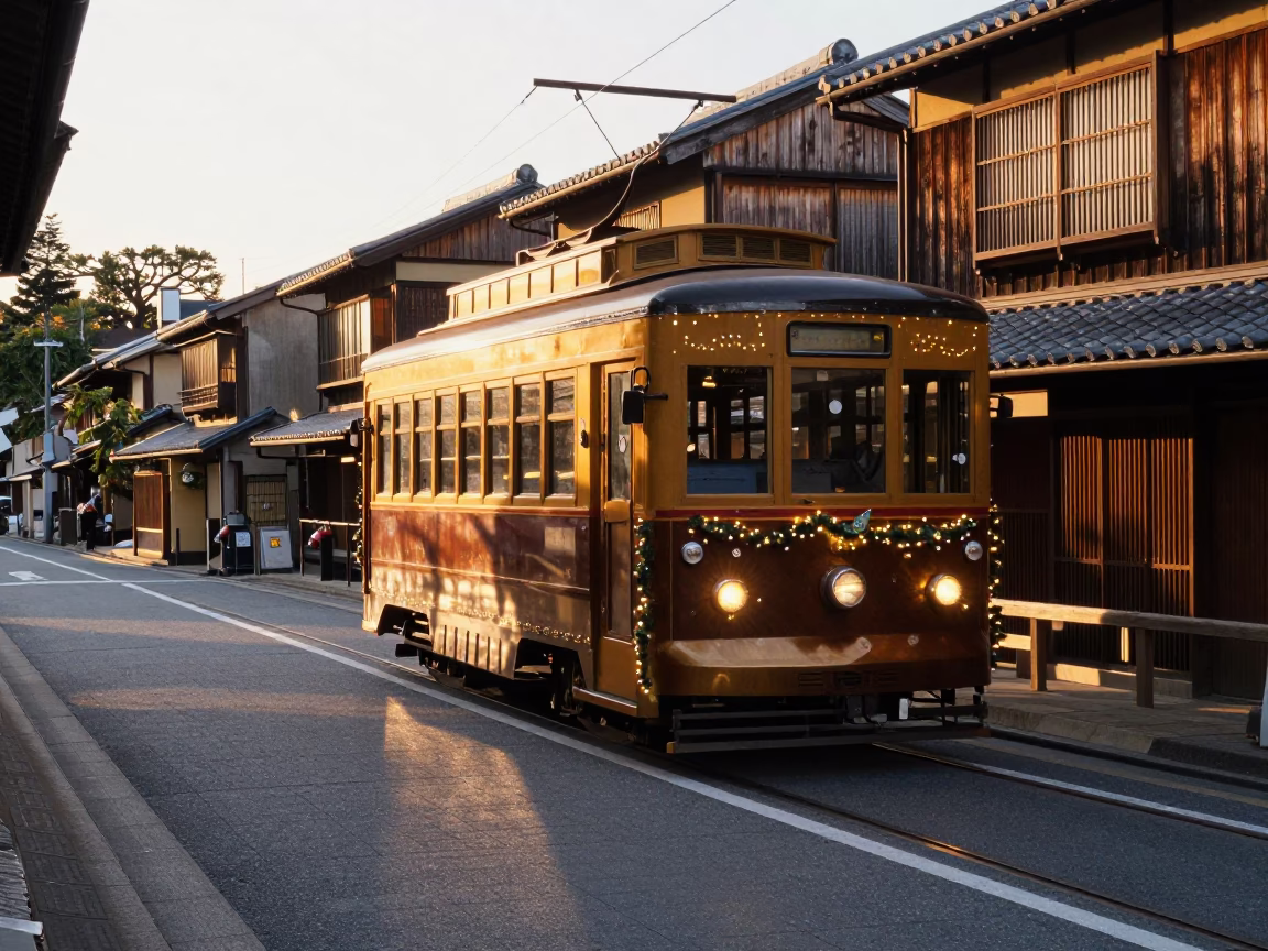 Kyoto Japan Sunset Street Scene with Vintage Tramcar and Traditional Architecture in in Kyoto, Japan
