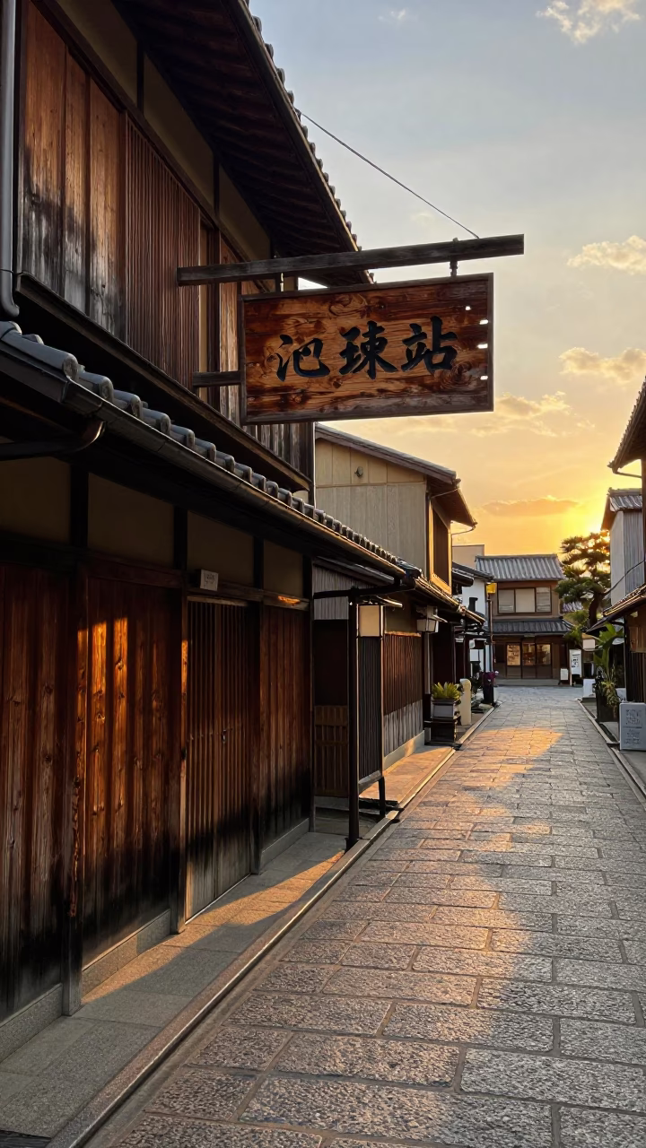 Kyoto Japan Sunset Street Scene with Wooden Signage and Traditional Lanterns in in Kyoto, Japan