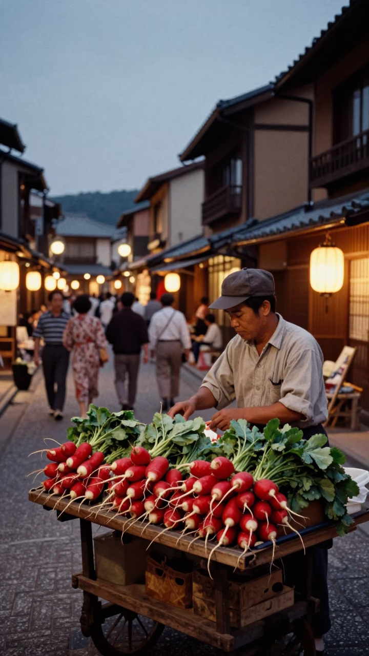 Kyoto Japan Twilight Street Scene with Brush and Radishes in 1950s Style in in Kyoto, Japan