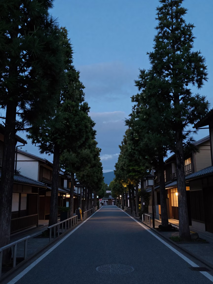Kyoto Japan twilight street scene with cypress trees and traditional architecture in in Kyoto, Japan