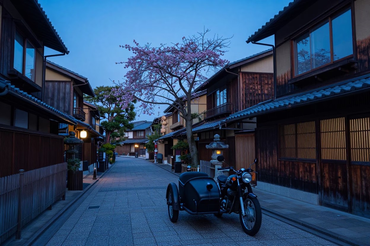 Kyoto Japan Twilight Street Scene with Dogwood Tree and Vintage Motorcycle in Traditional Neighborhood in in Kyoto, Japan