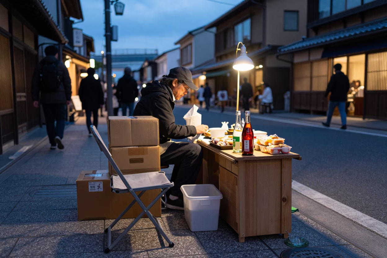 Kyoto Japan Twilight Street Scene with Folding Chair and Glass Bottle in in Kyoto, Japan