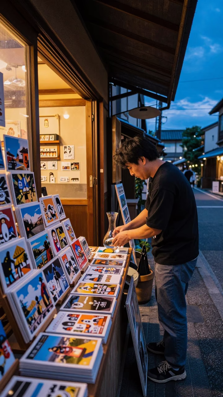 Kyoto Japan Twilight Street Scene with Postcards and Glass Carafe on Wooden Counter in in Kyoto, Japan
