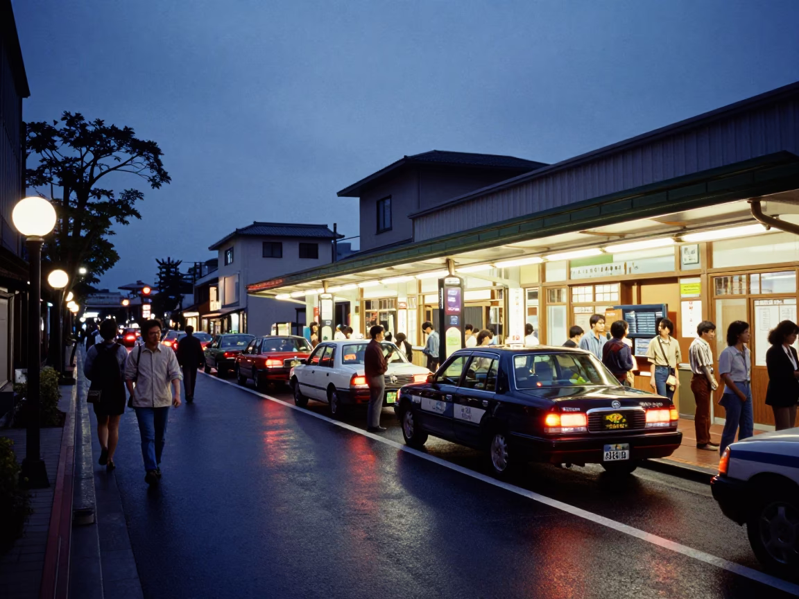 Kyoto Japan Twilight Street Scene with Taxi Rank and Neon Reflections in in Kyoto, Japan