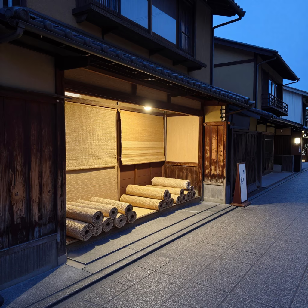 Kyoto Japan Twilight Street Scene with Traditional Woven Mats and Magnolia Bloom in in Kyoto, Japan