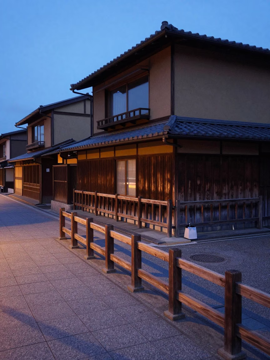 Kyoto Japan Twilight Street Scene With Wooden Peg Rails And Local Life in in Kyoto, Japan