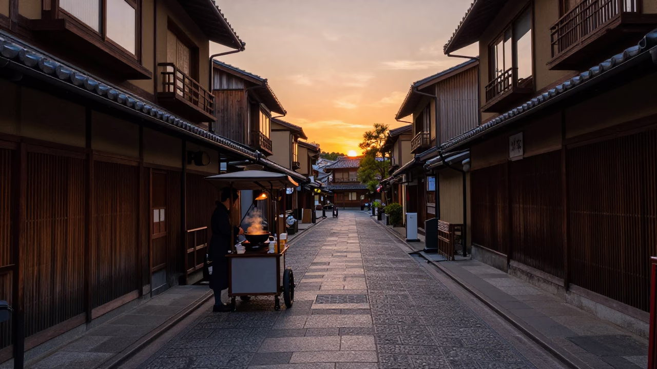Kyoto Japanese Street Scene at Dusk with Miso Soup and Traditional Architecture in in Kyoto, Japan