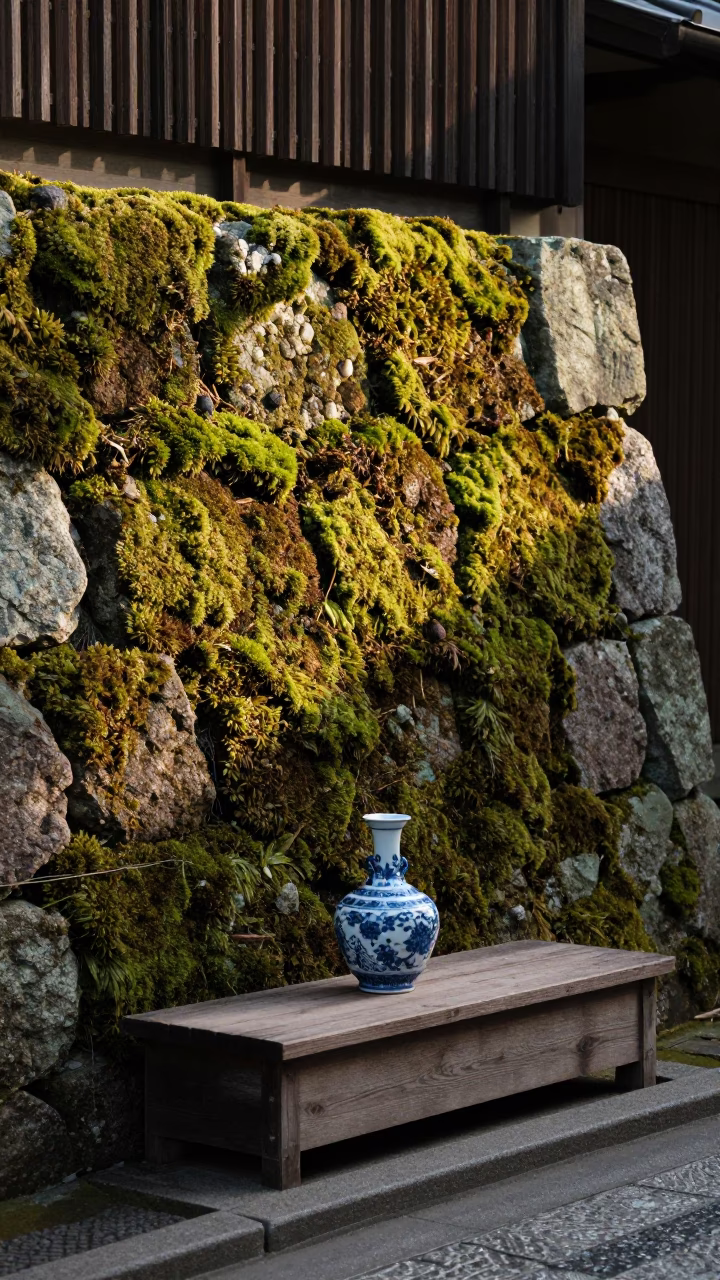 Kyoto Late Afternoon Moss Stone Wall and Vintage Porcelain Bowl on Wooden Step in in Kyoto, Japan