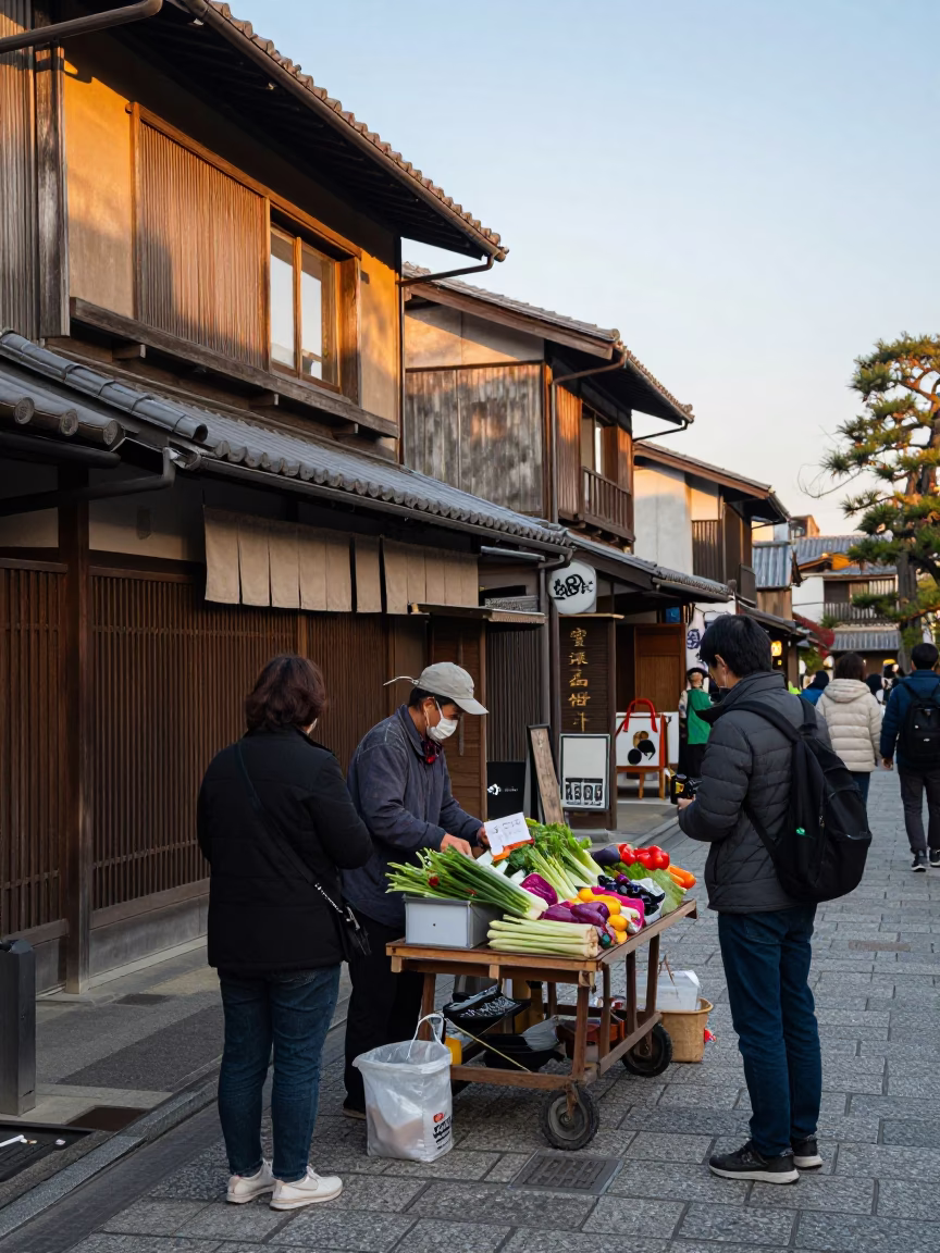 Kyoto late afternoon street scene with vendor and traditional details in in Kyoto, Japan