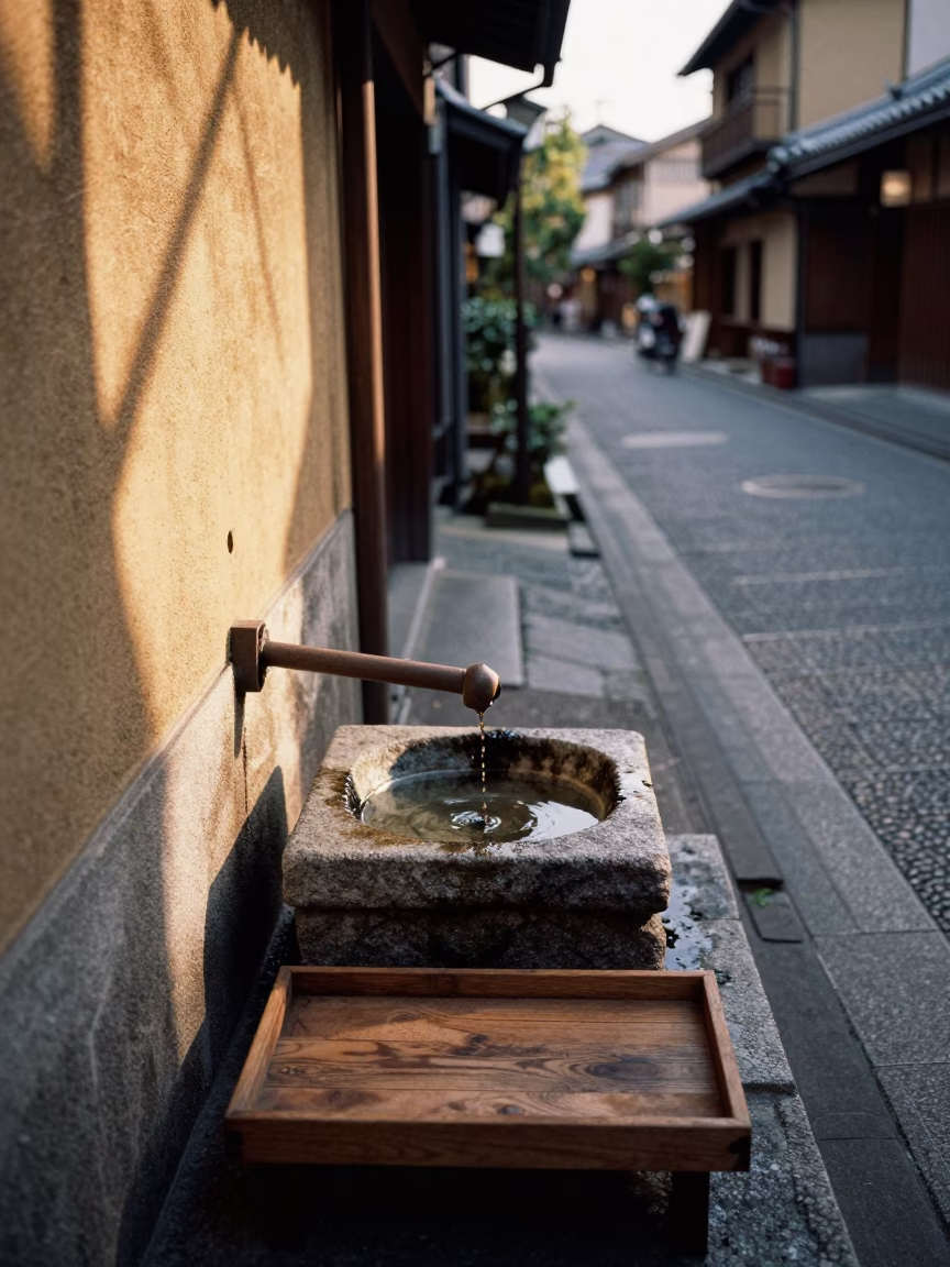 Kyoto Late Afternoon Street Scene with Wooden Tray and Wash Basin Elements in in Kyoto, Japan