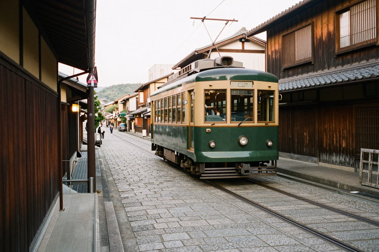 Kyoto Late Morning Street Scene with Heritage Tram on Cobblestone Avenue in in Kyoto, Japan