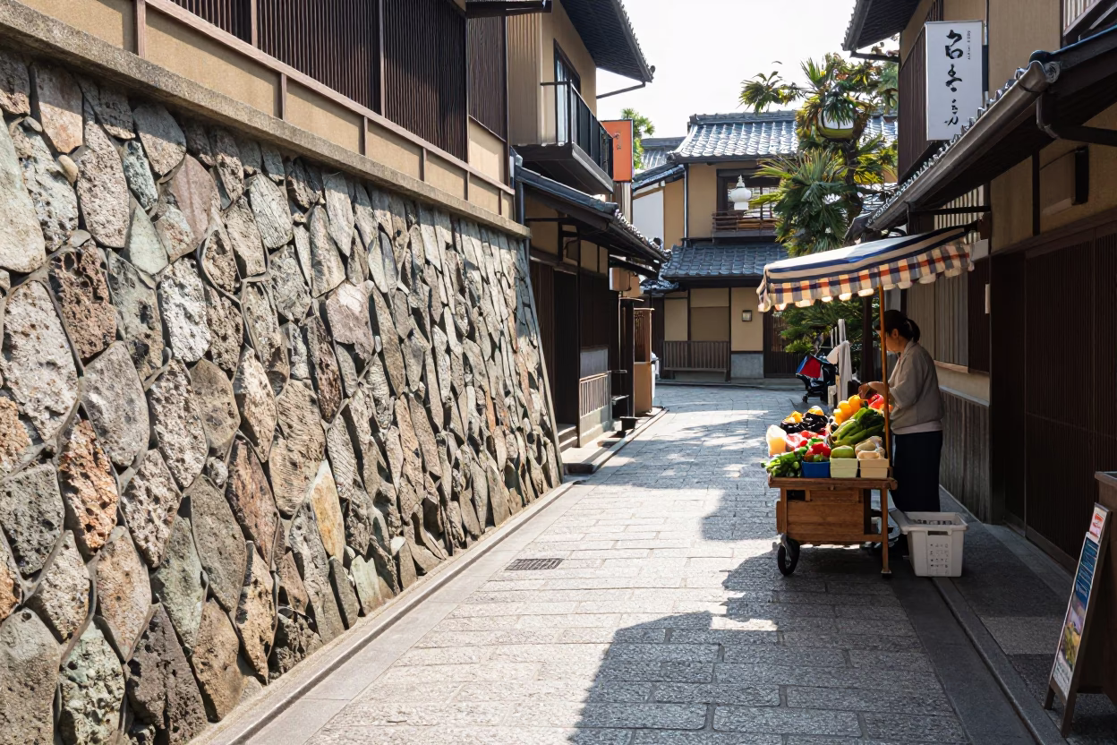 Kyoto Late Morning Street Scene with Sunlit Stone and Local Vendors in in Kyoto, Japan