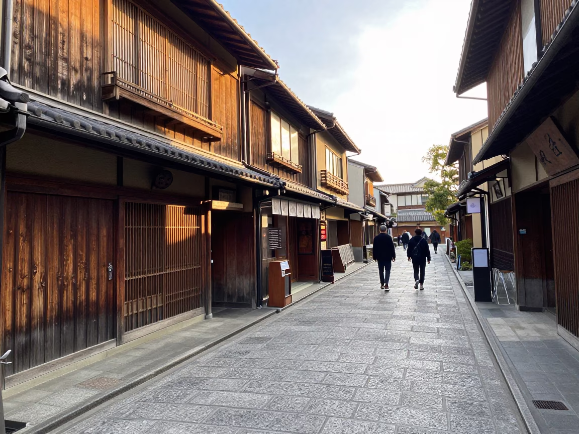 Kyoto Late Morning Street Scene with Wooden Storefronts and Pedestrians in in Kyoto, Japan