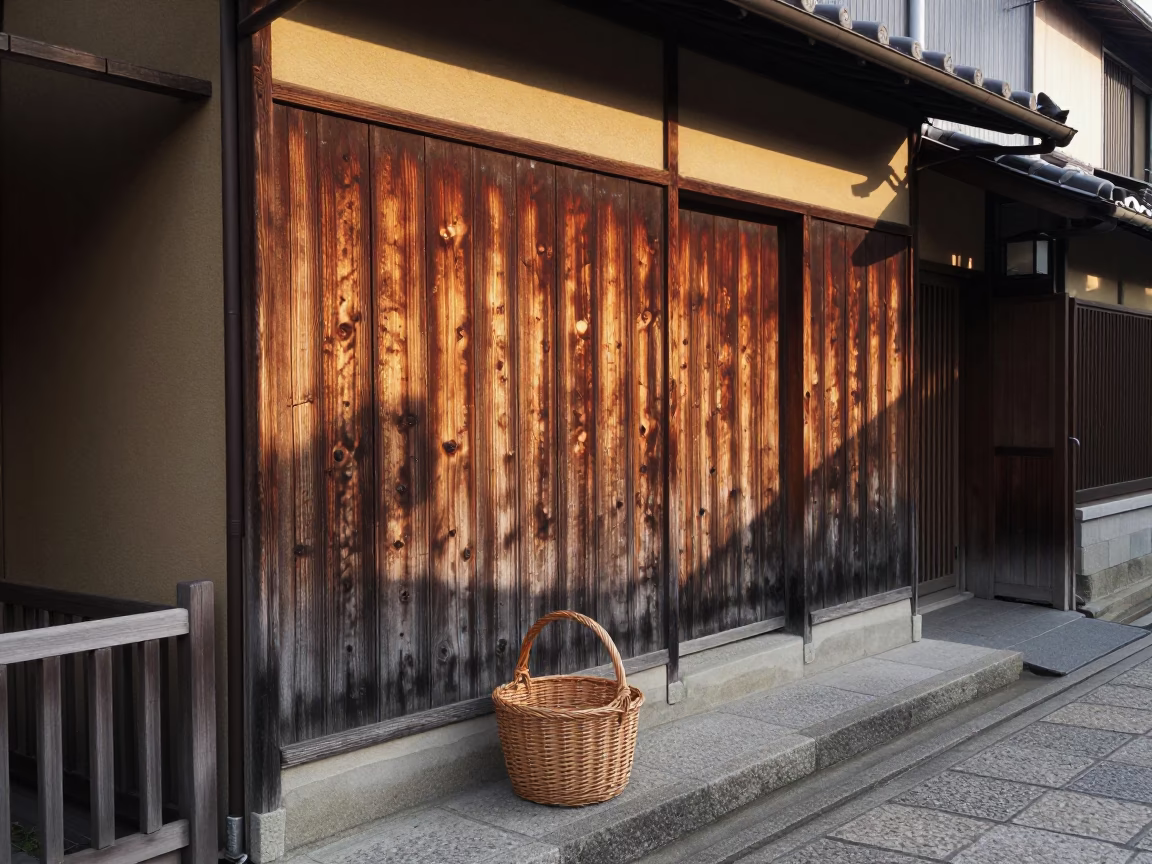Kyoto Machiya Facade at As First Light Reaches The Scene in in Kyoto, Japan