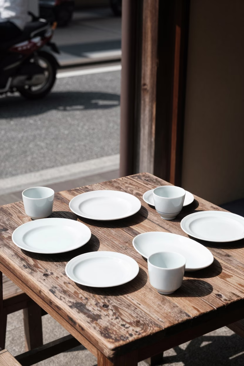 Kyoto Midday Street Scene with Ceramic Plates and Teacups on Wooden Table in in Kyoto, Japan