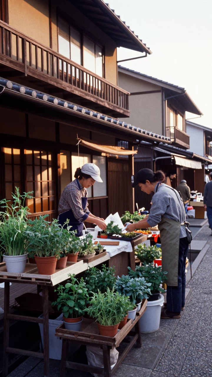 Kyoto Morning Market Stall with Potted Herbs and Apron at Sunrise in in Kyoto, Japan