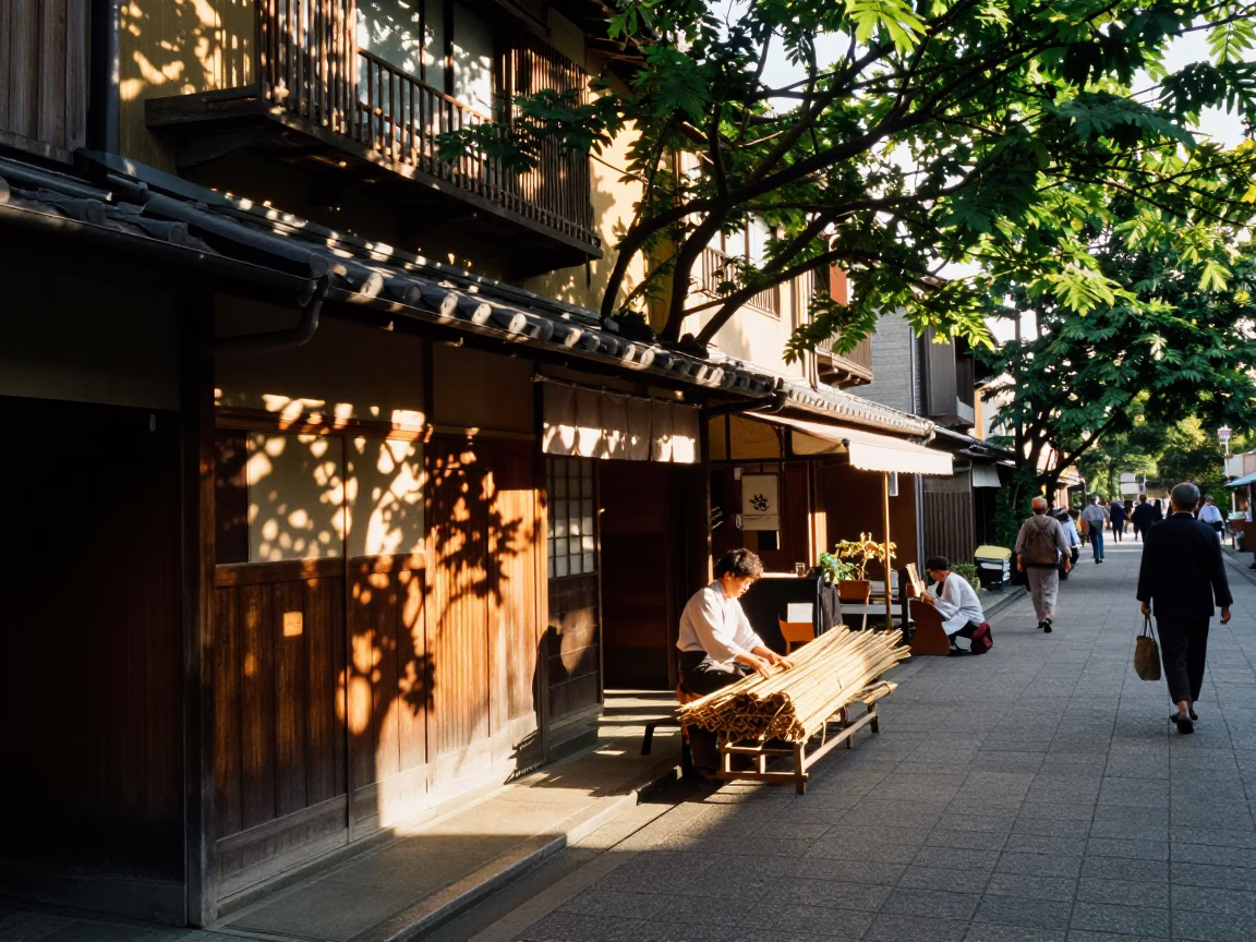 Kyoto Morning Street Scene with Leaf Shadows and Local Commerce in in Kyoto, Japan