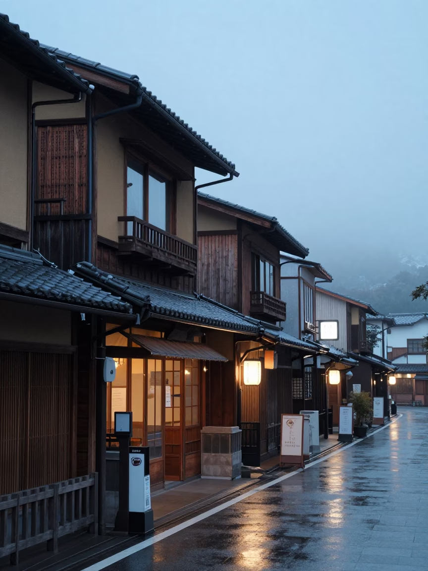 Kyoto Nautical Dawn Street Scene with Traditional Architecture and Morning Commuters in in Kyoto, Japan