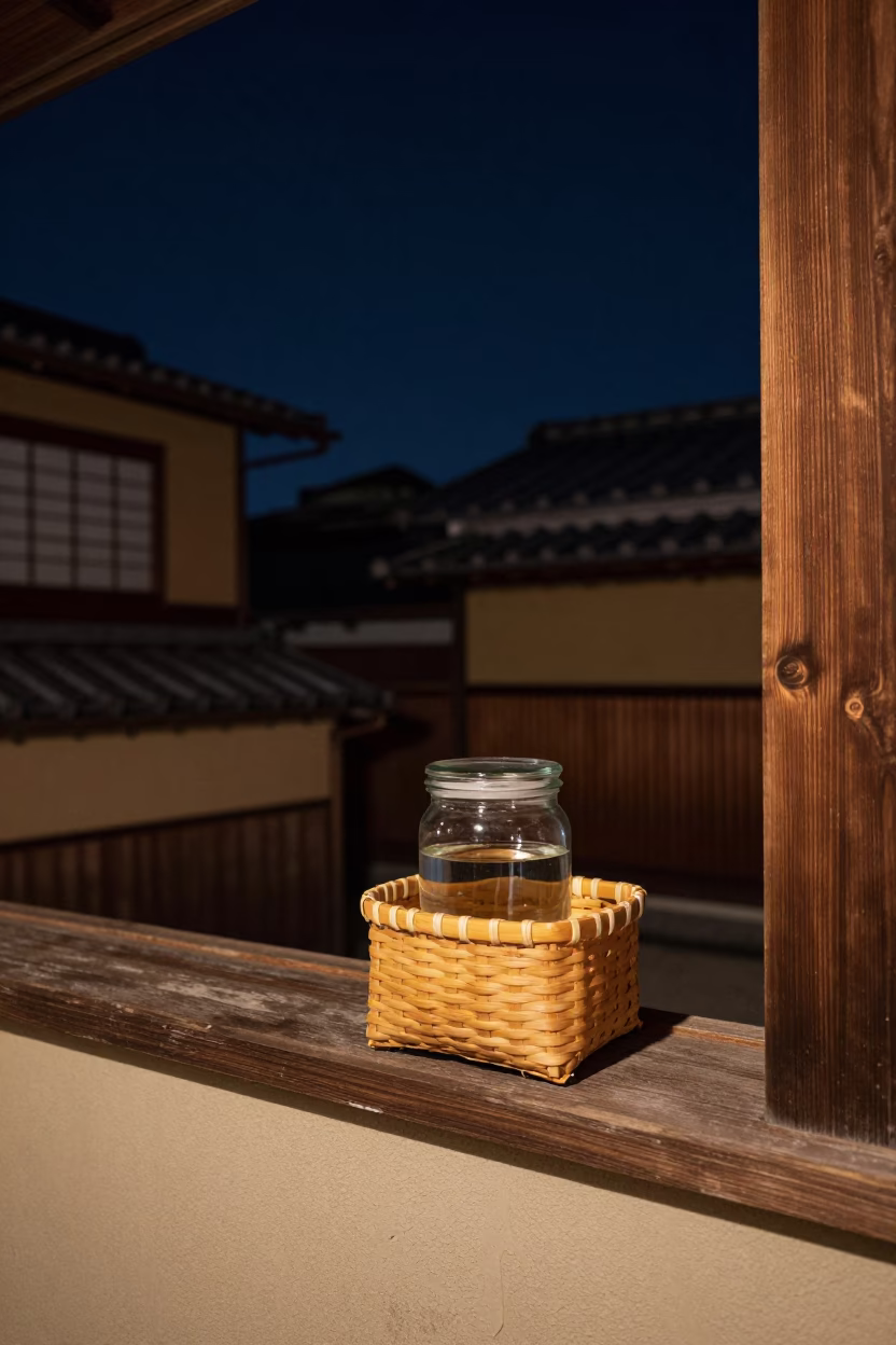 Kyoto Night Scene With Woven Basket And Glass Jar Under Deep Sky in in Kyoto, Japan