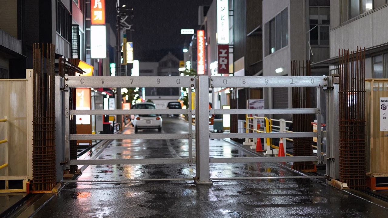 Kyoto Night Street Scene with Construction Gate and Rain Glowing Taillights in in Kyoto, Japan