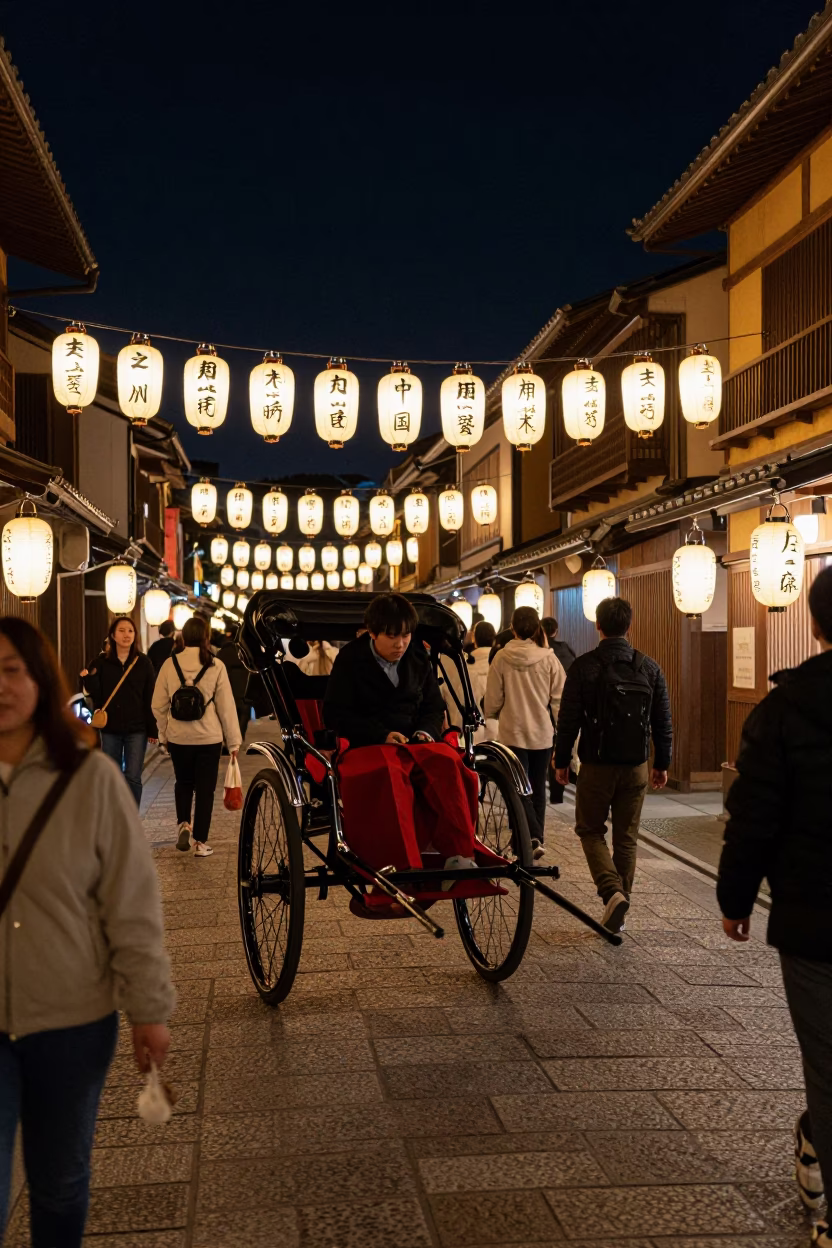 Kyoto Night Street Scene with Lanterns and Rickshaw Under Deep Sky in in Kyoto, Japan