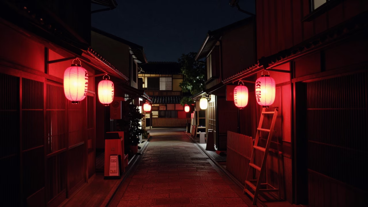 Kyoto Night Street Scene with Red Lighting and Local Shop Details in in Kyoto, Japan