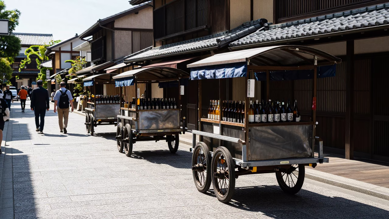 Kyoto noon street scene with rolling carts and bottle in in Kyoto, Japan