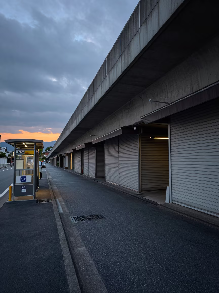Kyoto Overpass Ramp Curving Over Shuttered Shops in beside a steamed-up bus shelter in Kyoto