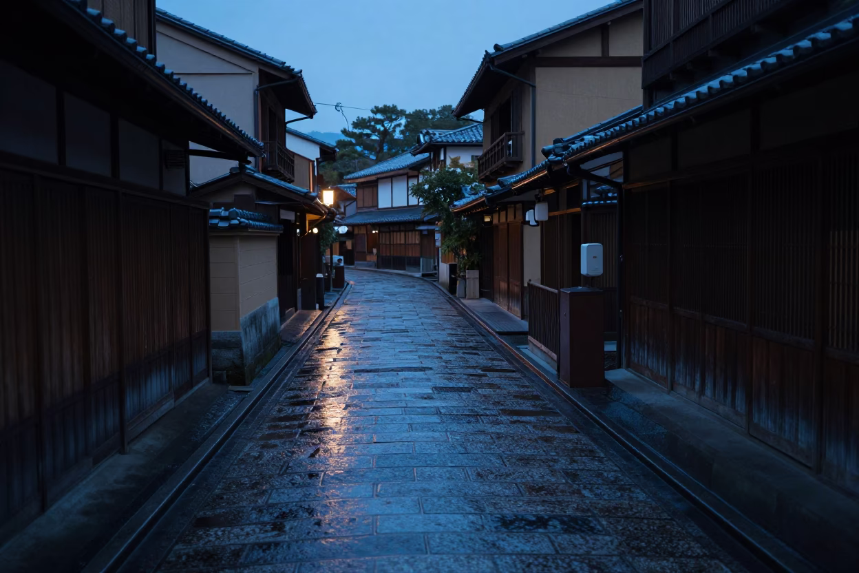 Kyoto Pre-dawn Alleyway at The Still Hours Before Dawn Light in in Kyoto, Japan